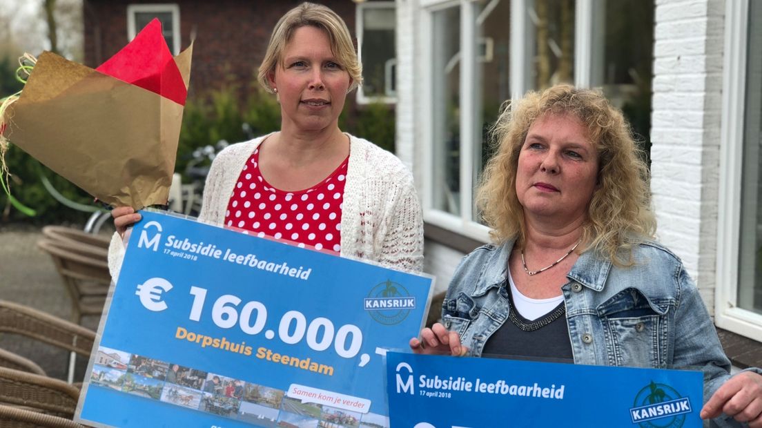 Mieke Wind en Ellen Dallinga, die de cheques met 160.000 en 390.000 subsidie in ontvangst namen