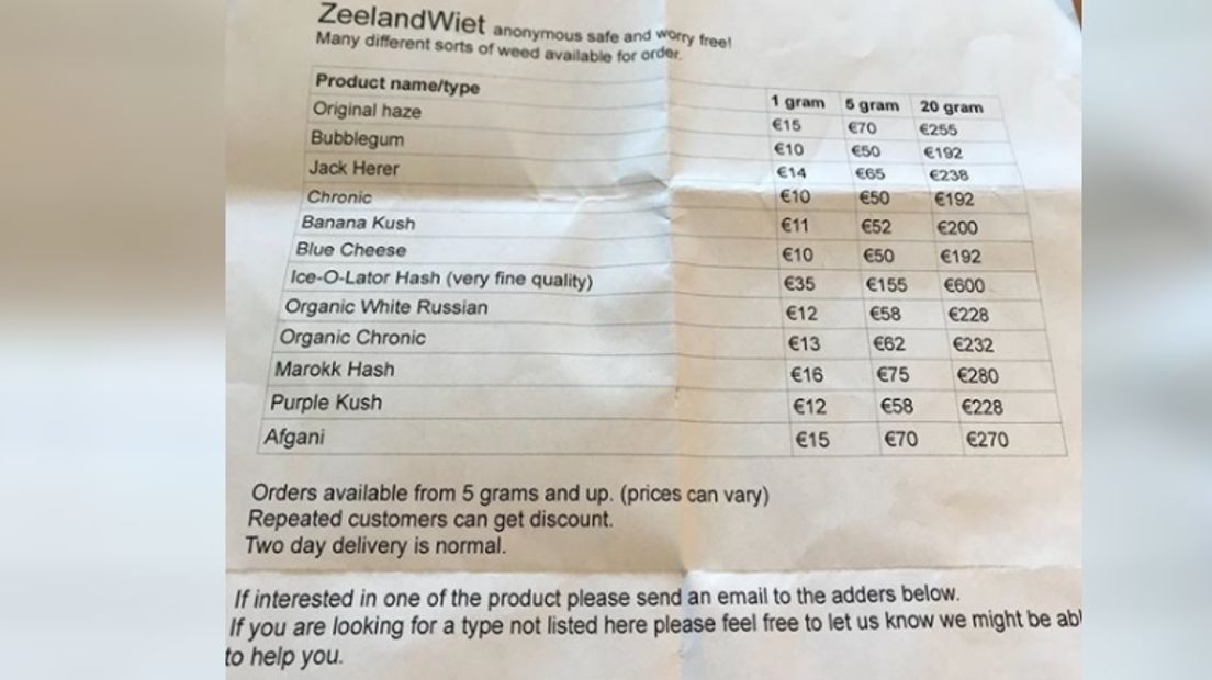 In Dauwendaele is een brief bezorgd waarin wiet wordt aangeboden