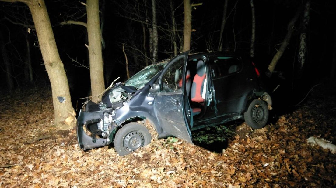 Op de A12 bij Arnhem-Noord is woensdagavond een auto van de weg geraakt. De wagen ramde daarna een afzetting, sloeg over de kop en kwam uiteindelijk tussen de bomen tot stilstand.