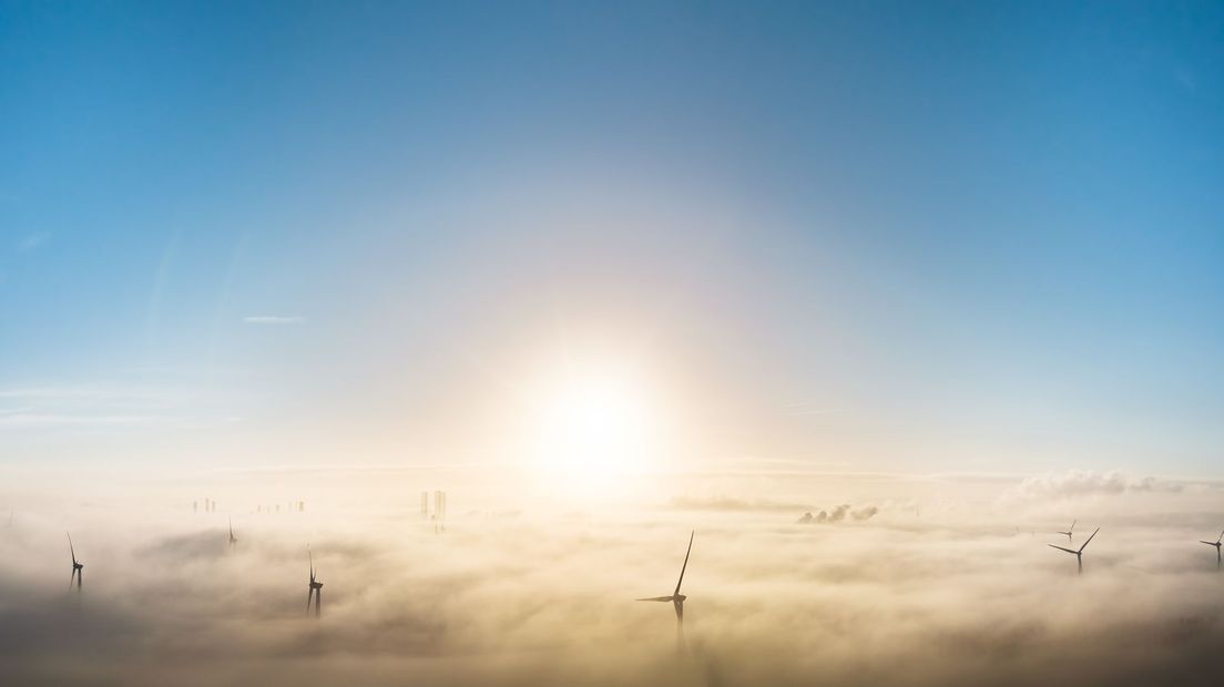 Windmolens steken boven de mist uit