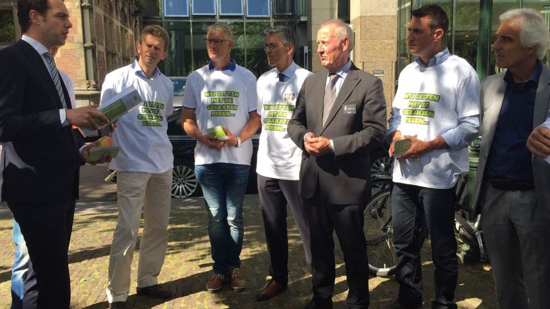 Staatssecretaris Van Dam (links) in gesprek met fruittelers.