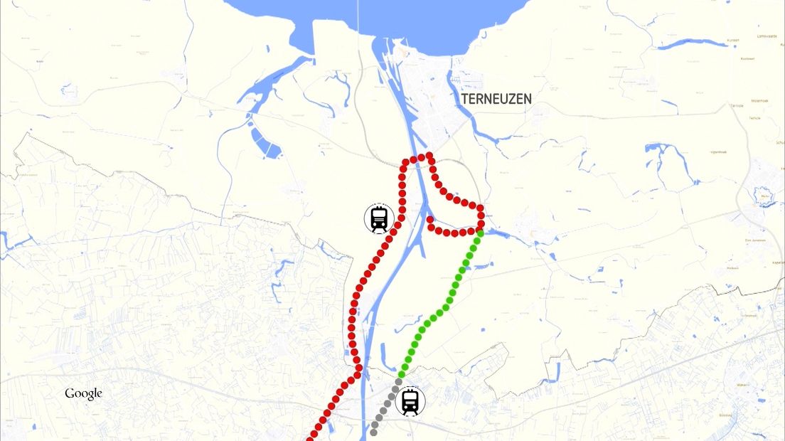 De groene stippellijn geeft het gewenste, snellere goederenspoor aan tussen Gent en Terneuzen; de rode stippellijn geeft de huidige spoorlijn aan.