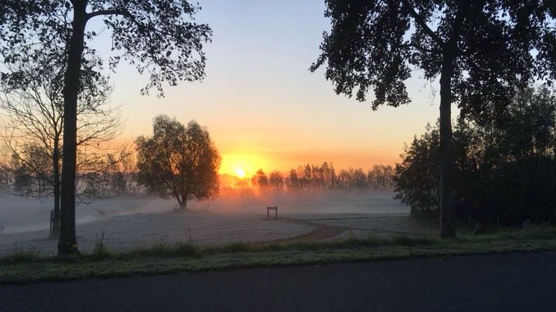Opkomende zon beschijnt rijp en mist na eerste nachtvorst