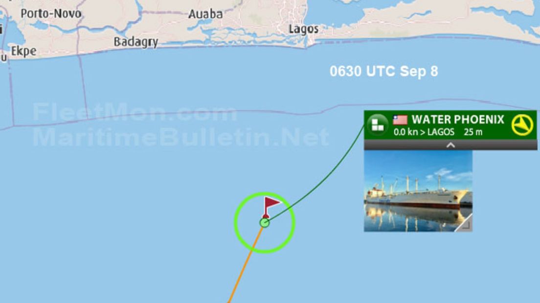 De locatie van het schip ten tijde van de kaping
