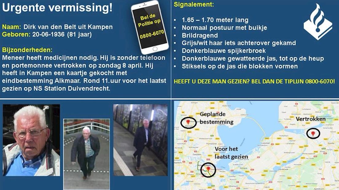 Vermiste Dirk van den Belt (81) uit Kampen voor het laatst gezien in Alkmaar