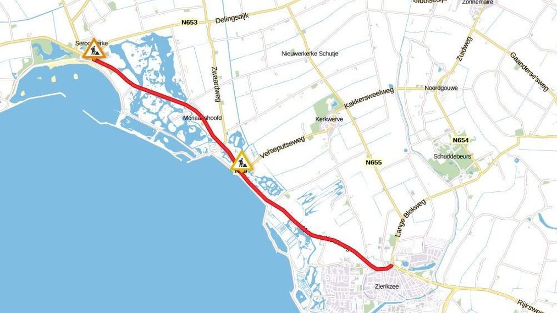 De N59 is tussen Zierikzee en Serooskerke afgesloten
