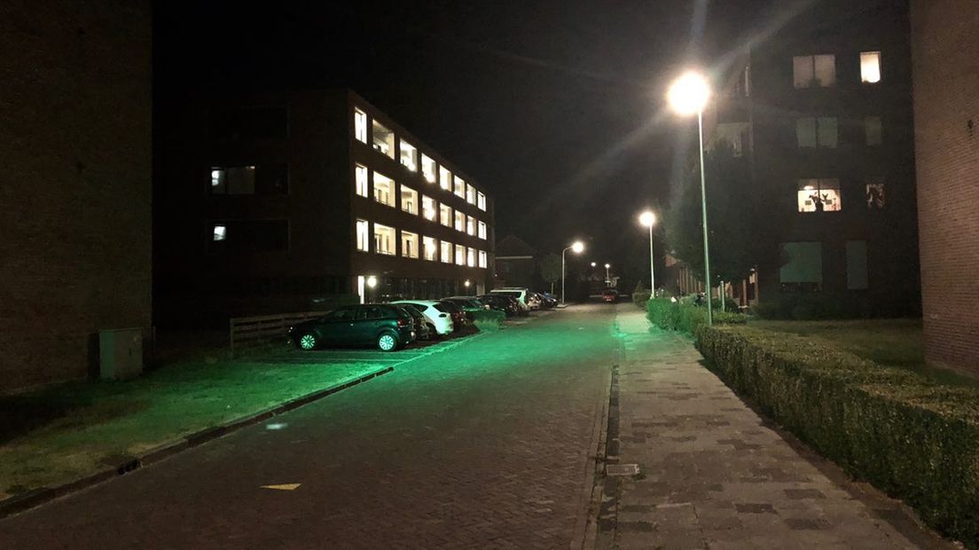 Het groene licht van de beveilingscamera's verlicht de straten.