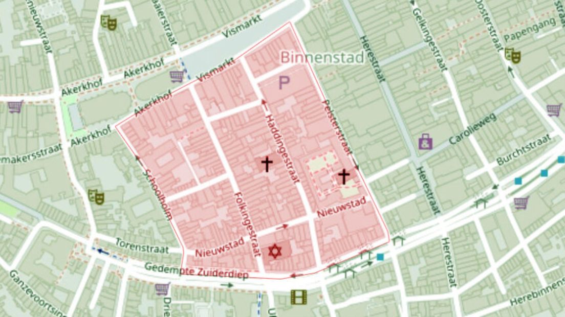 De Gele Loper, het gebied in de Groningse binnenstad waar het samenscholingsverbod geldt