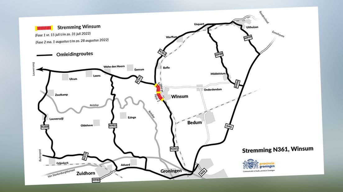 Omleidingsroutes vanwege wegwerkzaamheden aan de N361