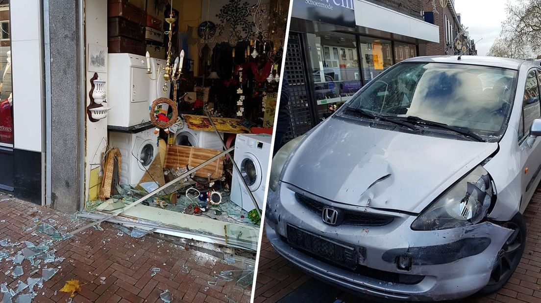 Zwaarbeschadigde winkel en auto na ongeluk Rhenen.