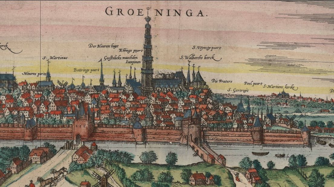 Martinitoren en kerk rond 1575 met de toren op zijn grootste hoogte