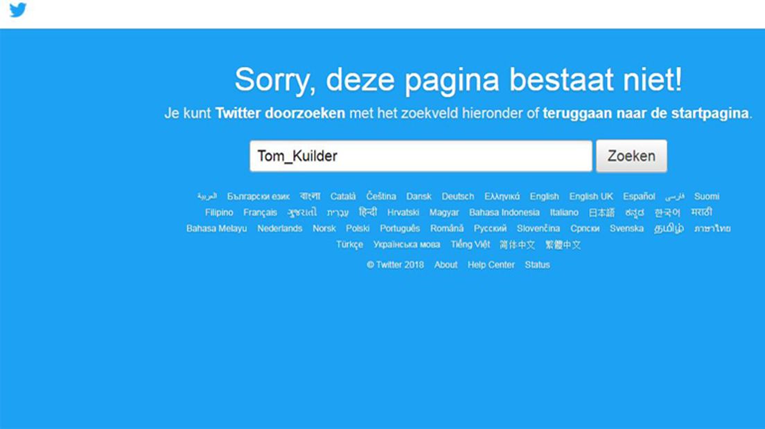 Wie het Twitter-account van Tom Kuilder zoekt, vindt niks (Rechten: Twitter)