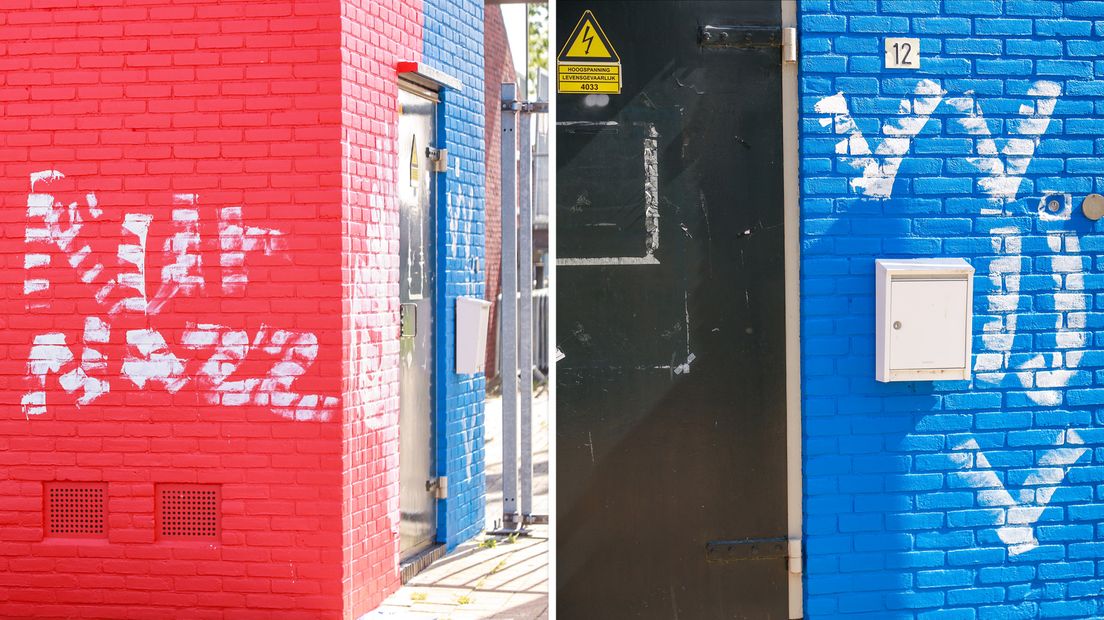 Graffiti op de rode én blauwe kant van pasgeverfd transformatorhuisje