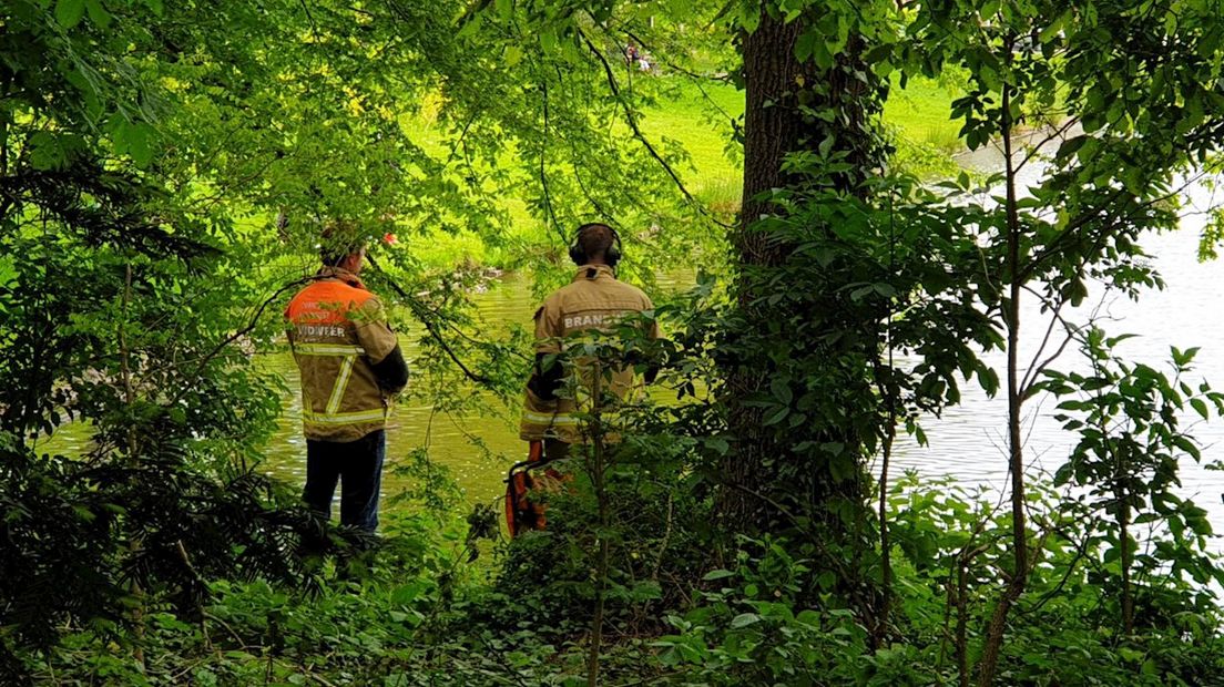 Politie zoekt met duikteam van de brandweer naar mogelijk wapen in vijver Enschede