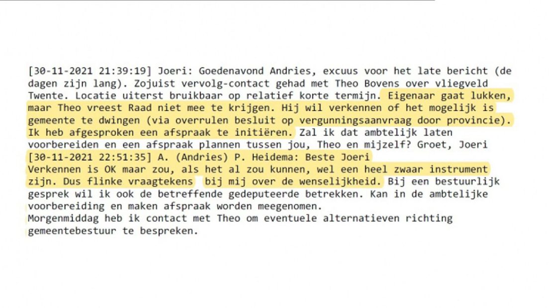 COA-directeur Joeri Kapteijns appt Commissaris van de Koning Andries Heidema met zijn bevindingen van een telefoongesprek met waarnemend burgemeester Theo Bovens.