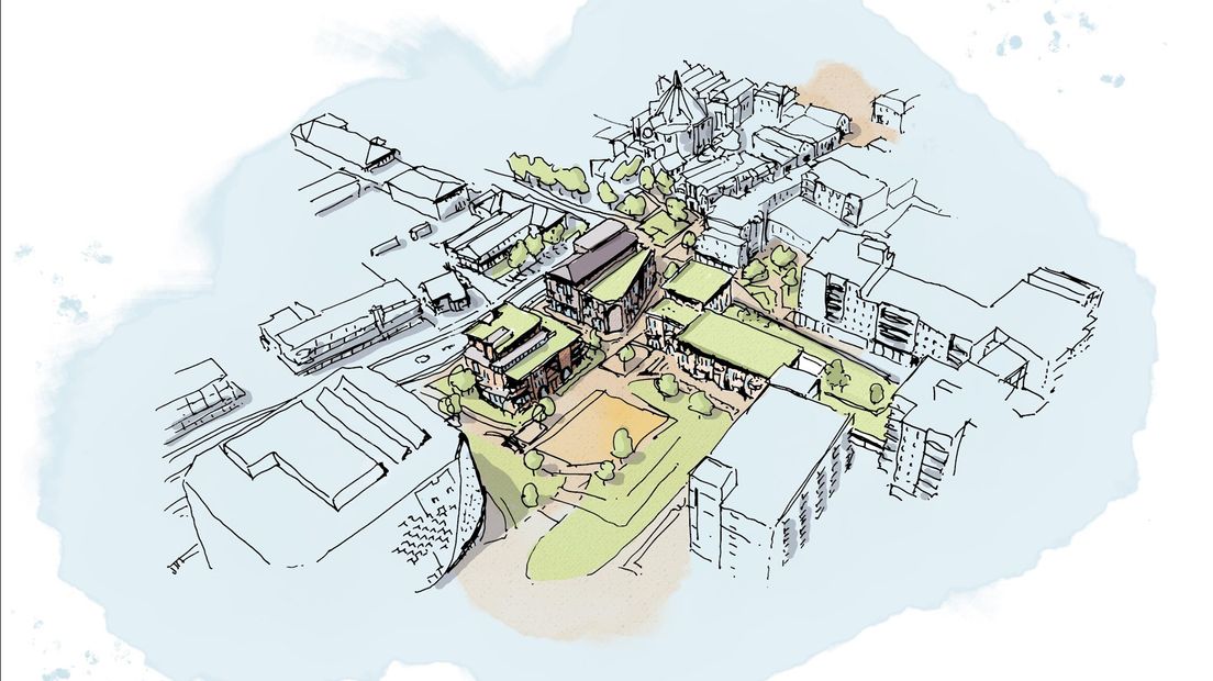 Artistieke schets van de nieuwbouwplannen aan het Spindeplein in Hardenberg