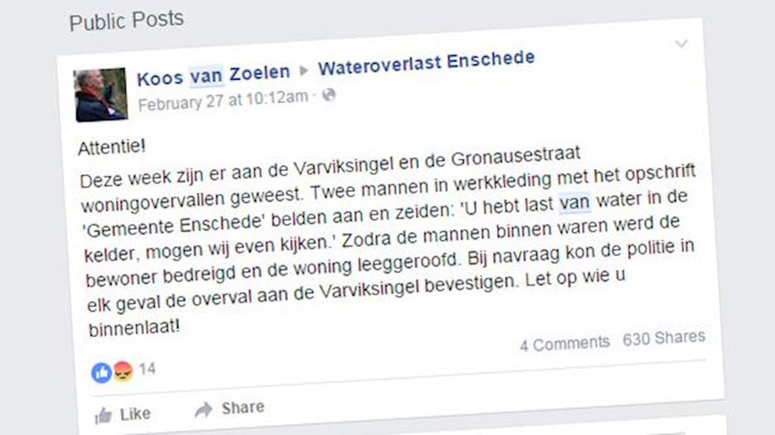 Facebook-post van Koos van Zoelen