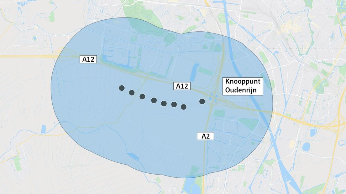Het gebied dat valt binnen een afstand van 2,3 kilometer