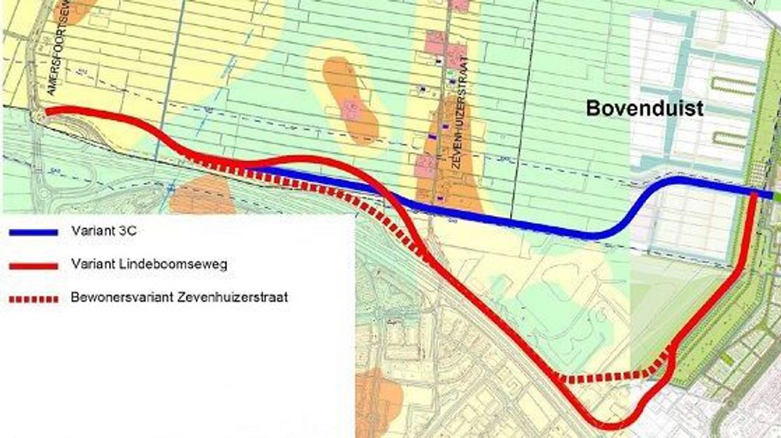 Mogelijke routes ontsluitingsweg tussen A1 en Vathorst-West