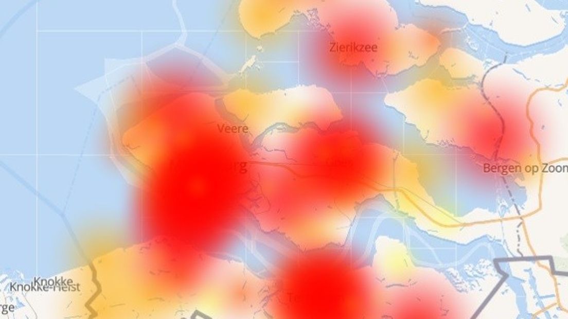 In heel Zeeland hebben mensen last van de storing, blijkt uit dit kaartje van allestoringen.nl