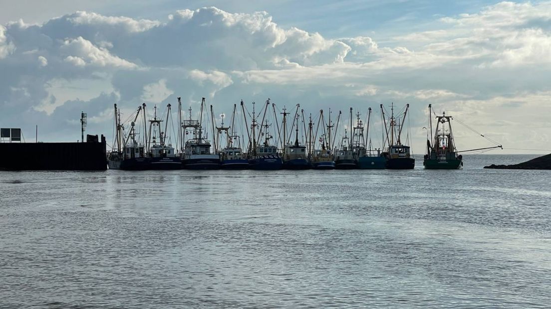 Garnalenkotters blokkeren de havenmonding in Lauwersoog