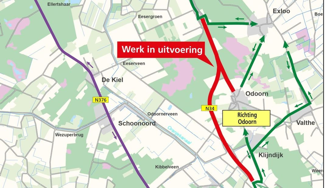 Kaartje N34 met wegwerkzaamheden Emmen-Noord/Exloo