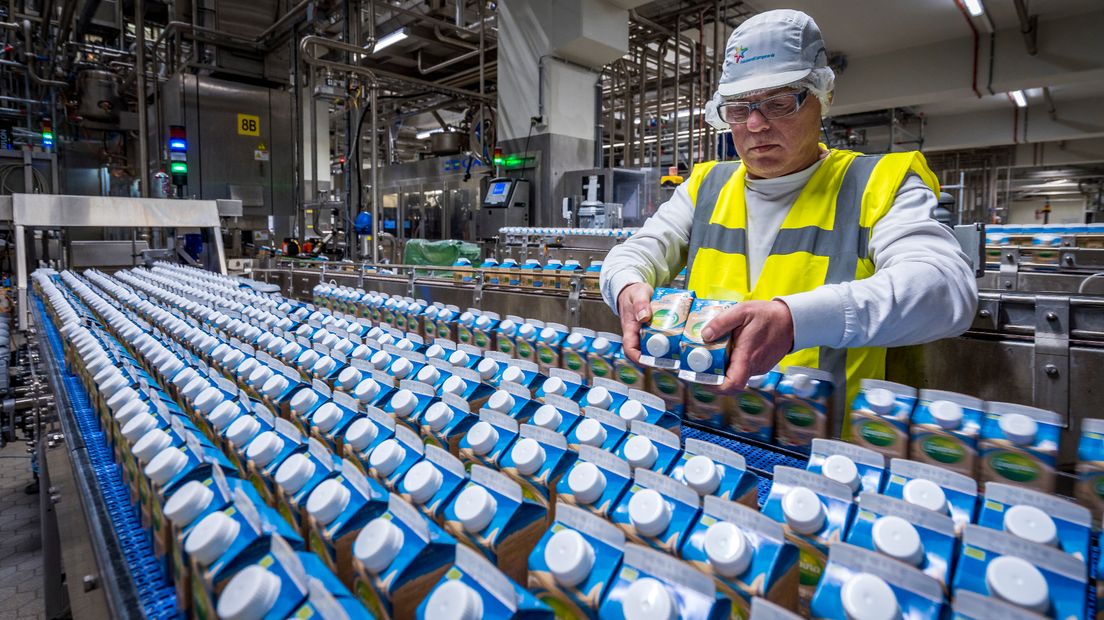 Een medewerker van FrieslandCampina aan het werk met pakken melk