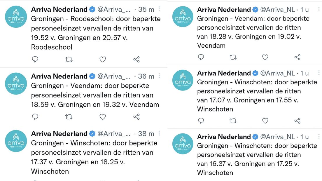 Een greep uit de uitgevallen Arriva-ritten van woesndag