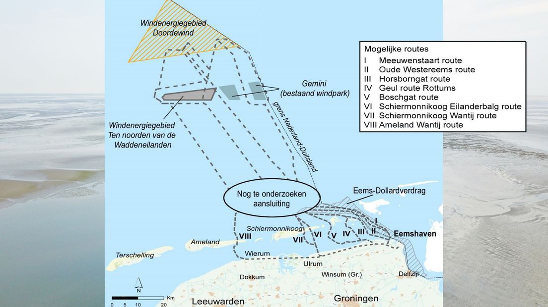 De mogelijke routes van de nieuwe stroomkabels die nodig zijn voor een windpark in de Noordzee