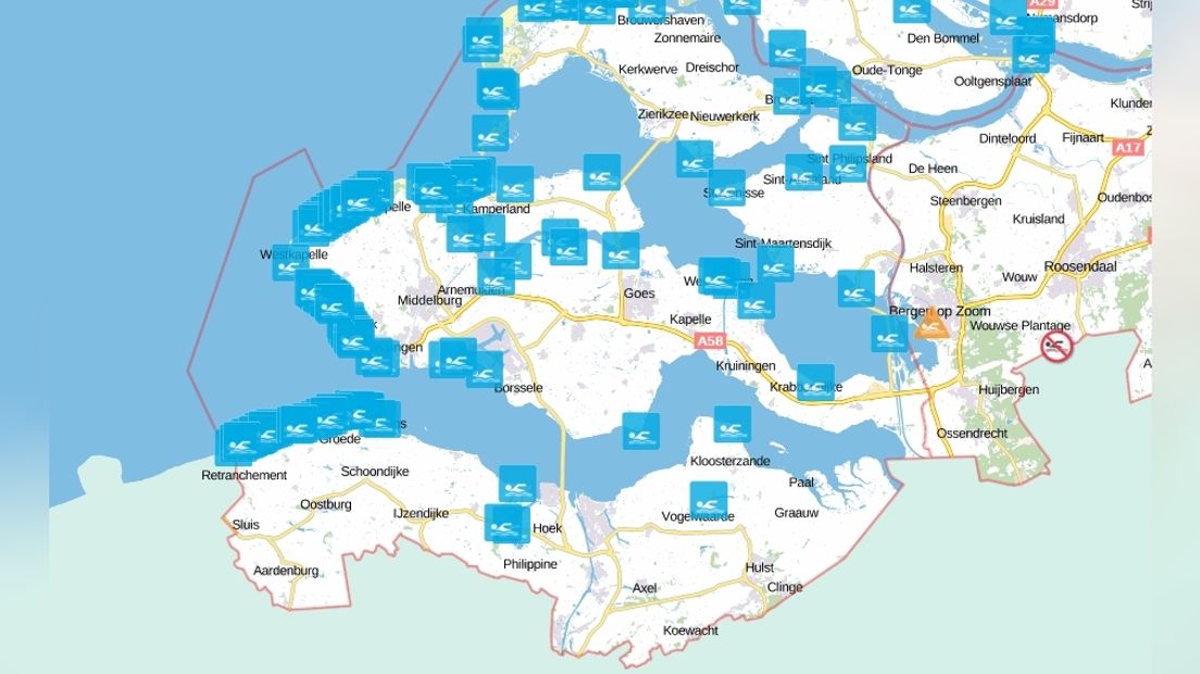 Kaart zwemwaterlocaties in Zeeland