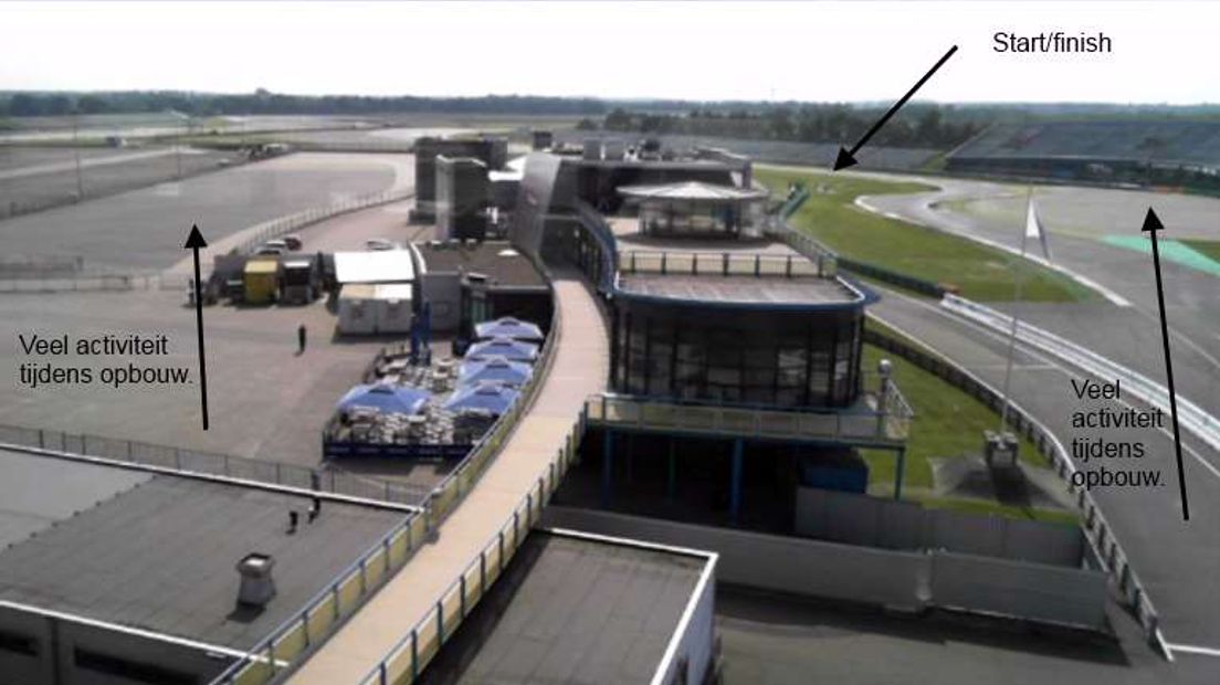 Uitzicht op het VIP-gebouw met gemarkeerd de locatie van de meeste activiteit tijdens opbouw. (Rechten: RTV Drenthe)