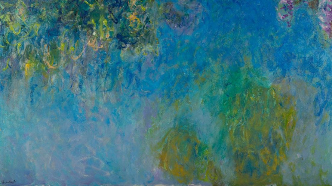 Een uitsnede van het schilderij 'Blauweregen'.