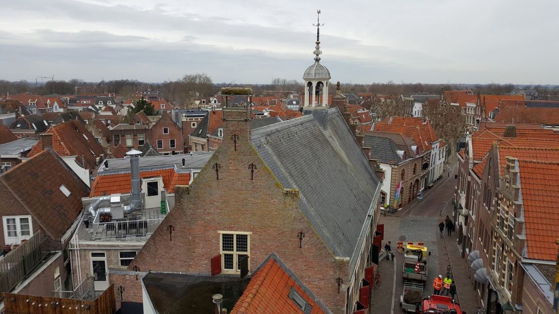 Vanuit het nest op het stadhuis in Oudewater hebben de ooievaars een mooi uitzicht over de stad