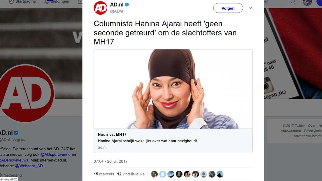 De column van Hanina Ajarai leverde veel negatieve reacties op via Twitter.