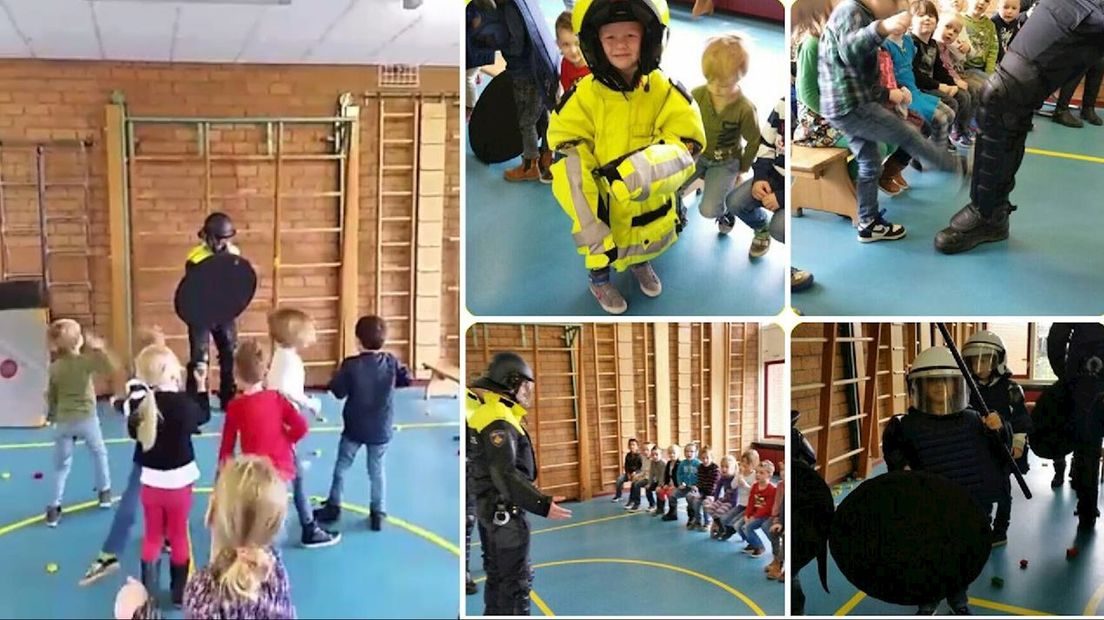 Kleuters bekogelen de ME-er met Duplo