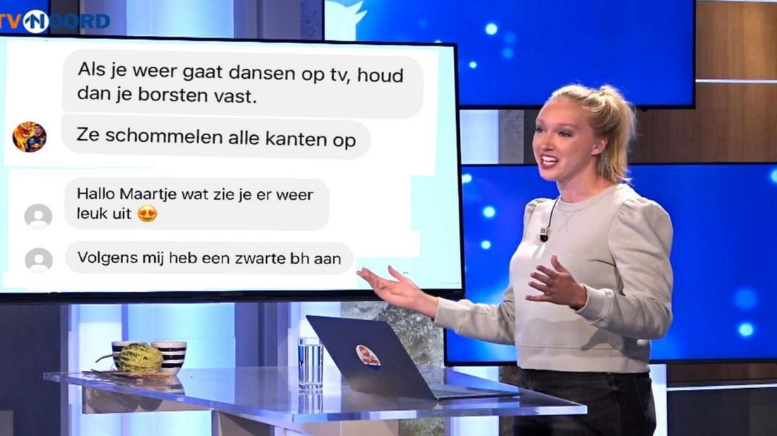 Maartje Ettema in een uitzending van Noord Vandaag. De reacties zijn erin gephotoshopt.