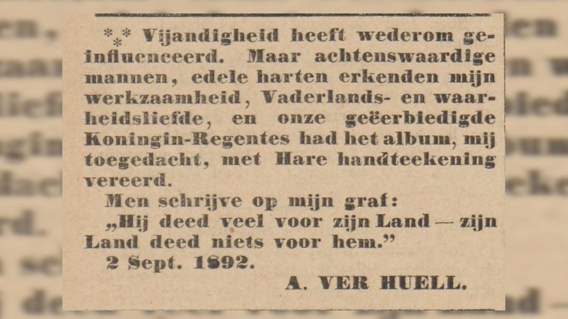 De advertentie die Ver Huell in de landelijke dagbladen liet plaatsen