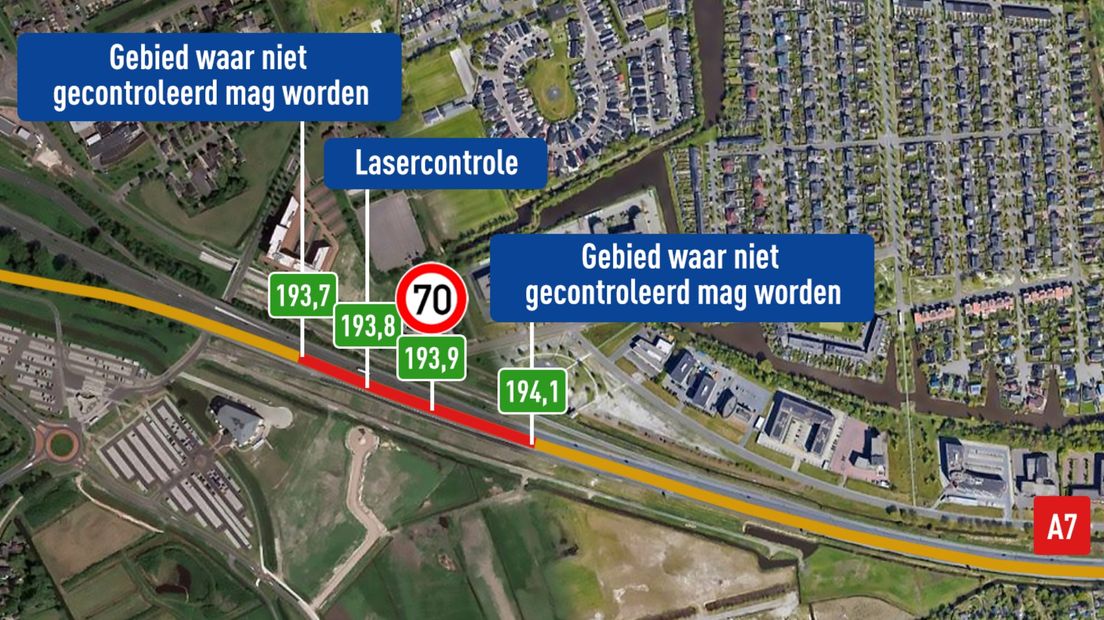 De locatie van de lasercontrole op de A7 bij Hoogkerk, inclusief het gebied waarbinnen niet gecontroleerd had mogen worden