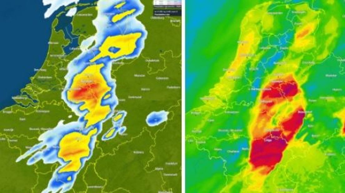 De verwachte situatie om 15.00 uur. Links de buien, rechts de windstoten.