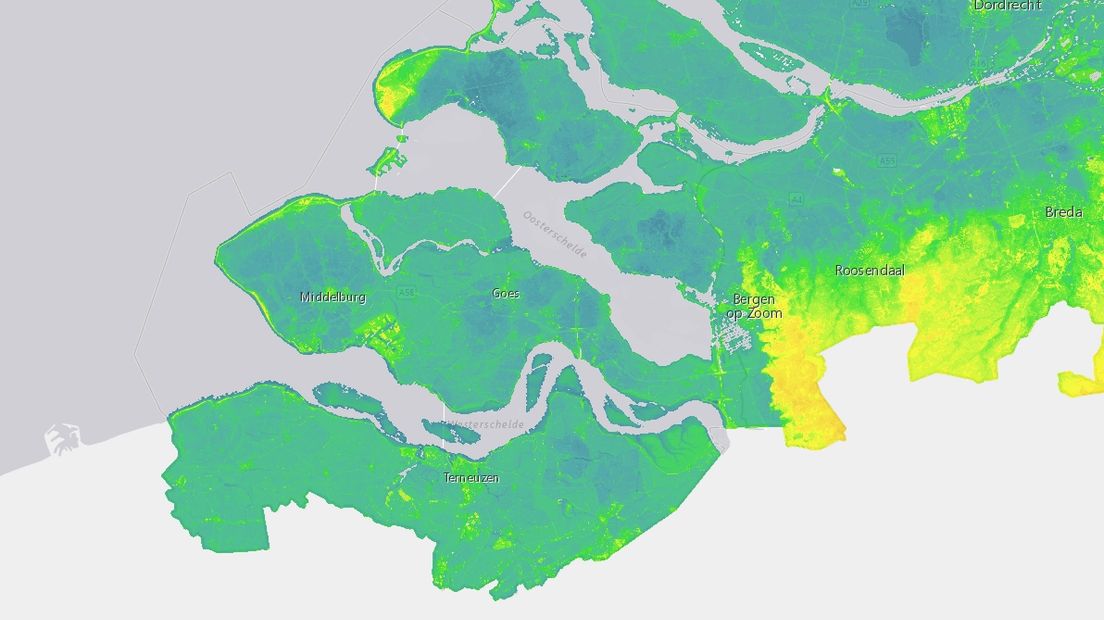 De blauwe delen zitten onder het huidige zeeniveau, de groene en gele delen zitten (nu nog) daarboven