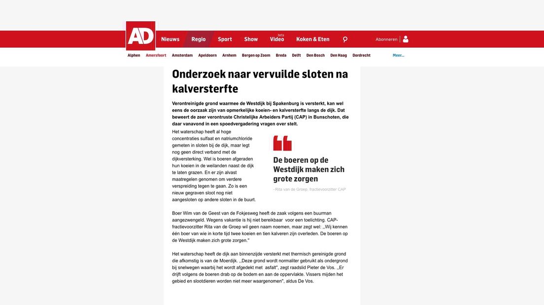 Artikel in Algemeen Dagblad over kalversterfte