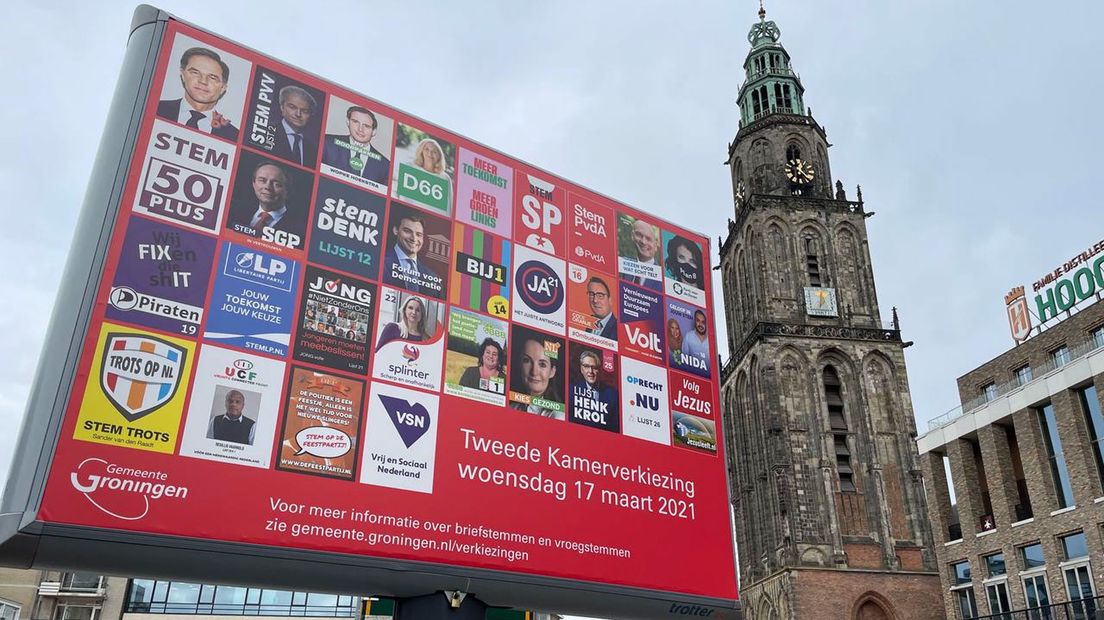 Een verkiezingsbord voor de landelijke Kamerverkiezingen in Groningen