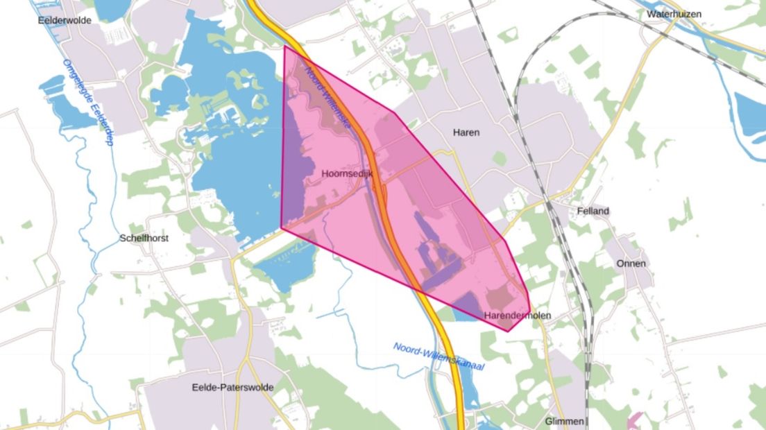 Een kaartje met het gebied in Haren dat mogelijk hinder ondervindt van de stroomstoring