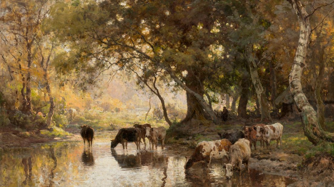 Julius van de Sande Bakhuyzen. Rustende koeienhoeder aan oever van door bomen omzoomde waterkant (Afbeelding: Drents Museum)