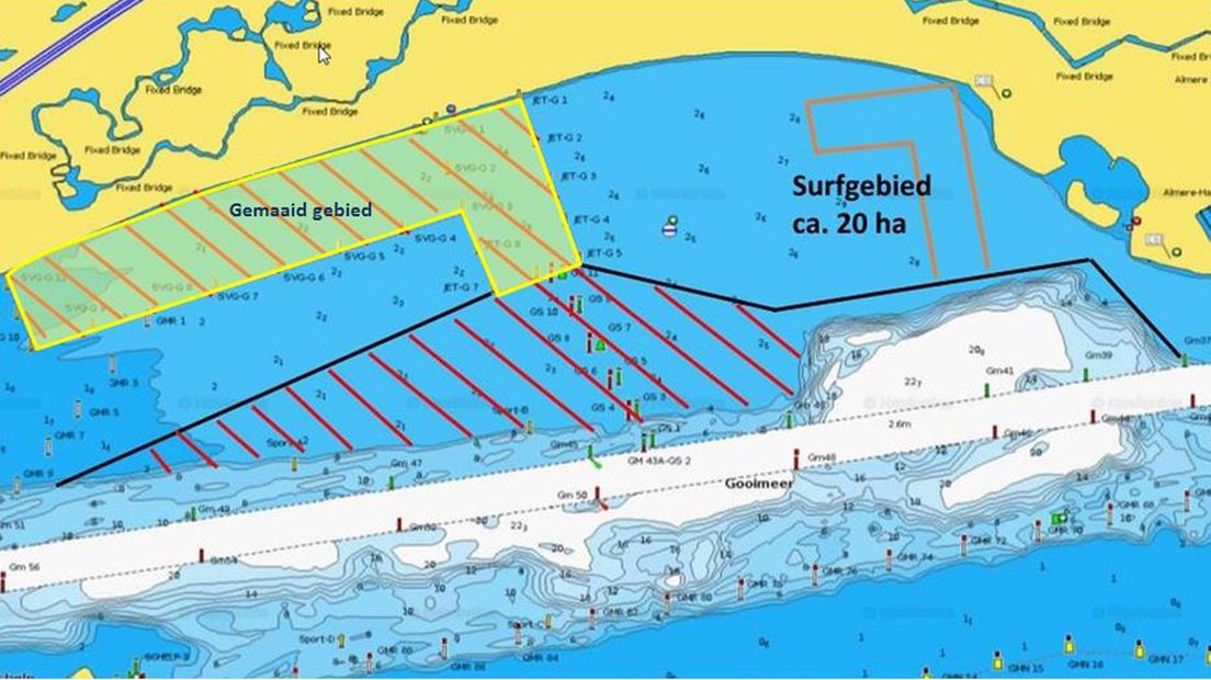 Maaigebied Gooiemeer West (de geel gekleurde delen zijn gemaaid)