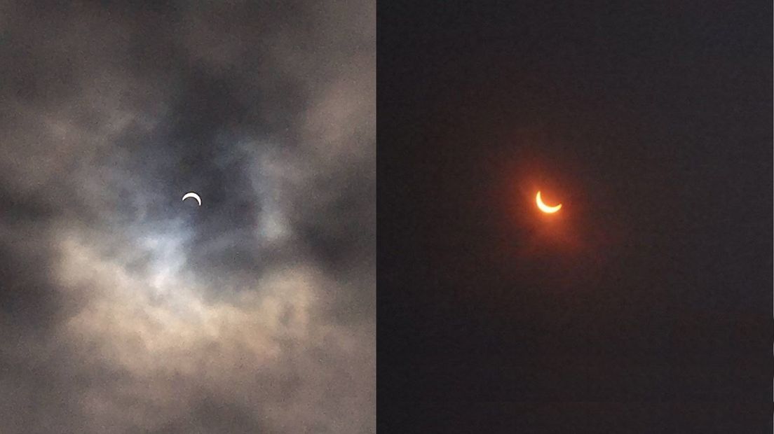 Twee foto's van Zeeuwen die de zonsverduistering op de gevoelige plaat hebben vastgelegd