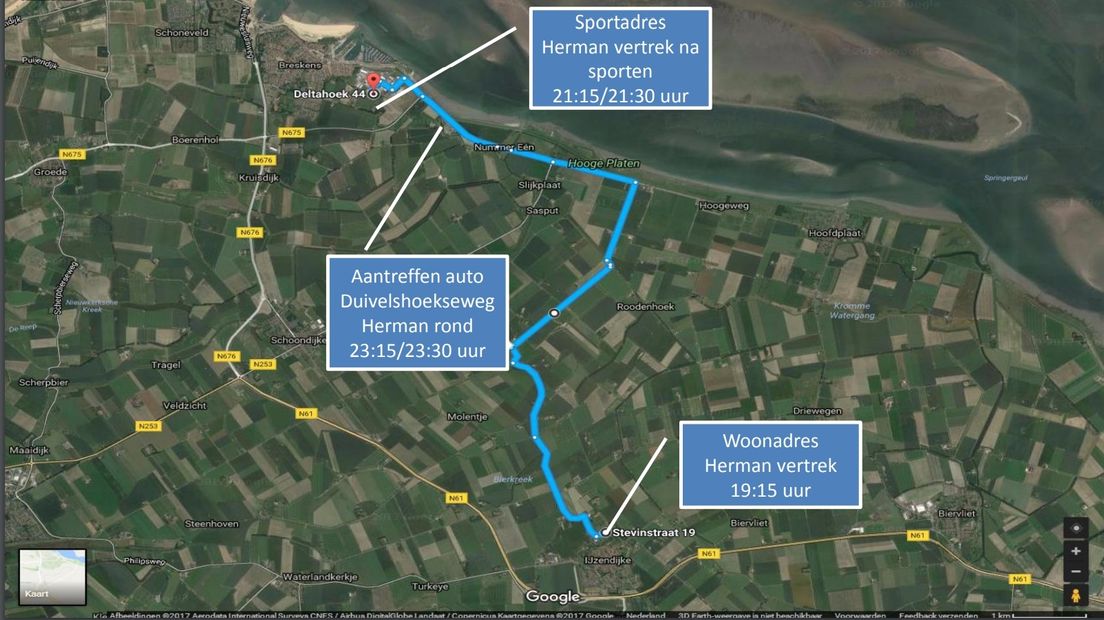Kaart van route die Herman Ploegstra aflegde op dag van zijn verdwijning