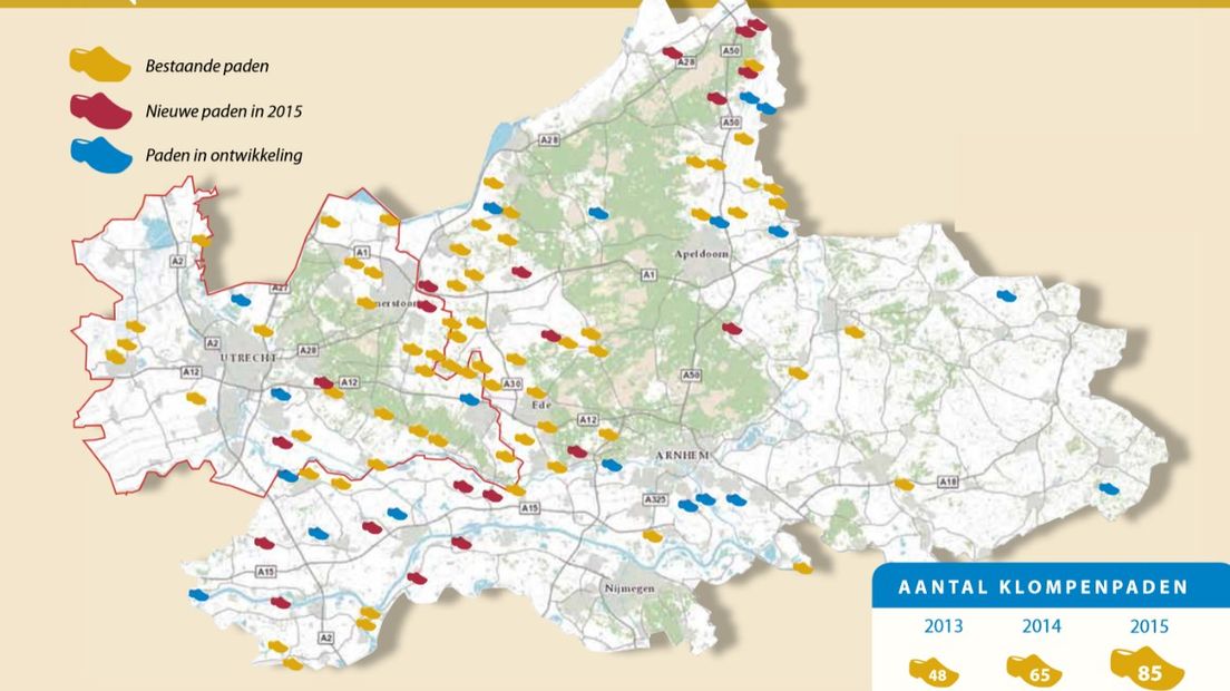 Kaart van klompenpaden in Gelderland en Utrecht. Bron: Jaarbericht 2015 van Landschapsbeheer Gelderland.