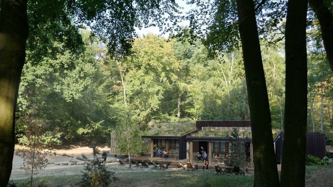 Schets van het nieuwe gebouw, waar restaurant, receptie en ontmoetingsruimte samenkomen