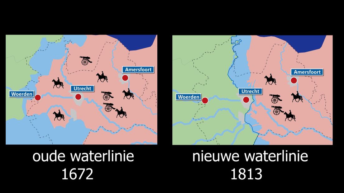 Bij de oude waterlinie is te zien dat Utrecht buiten de linie valt.